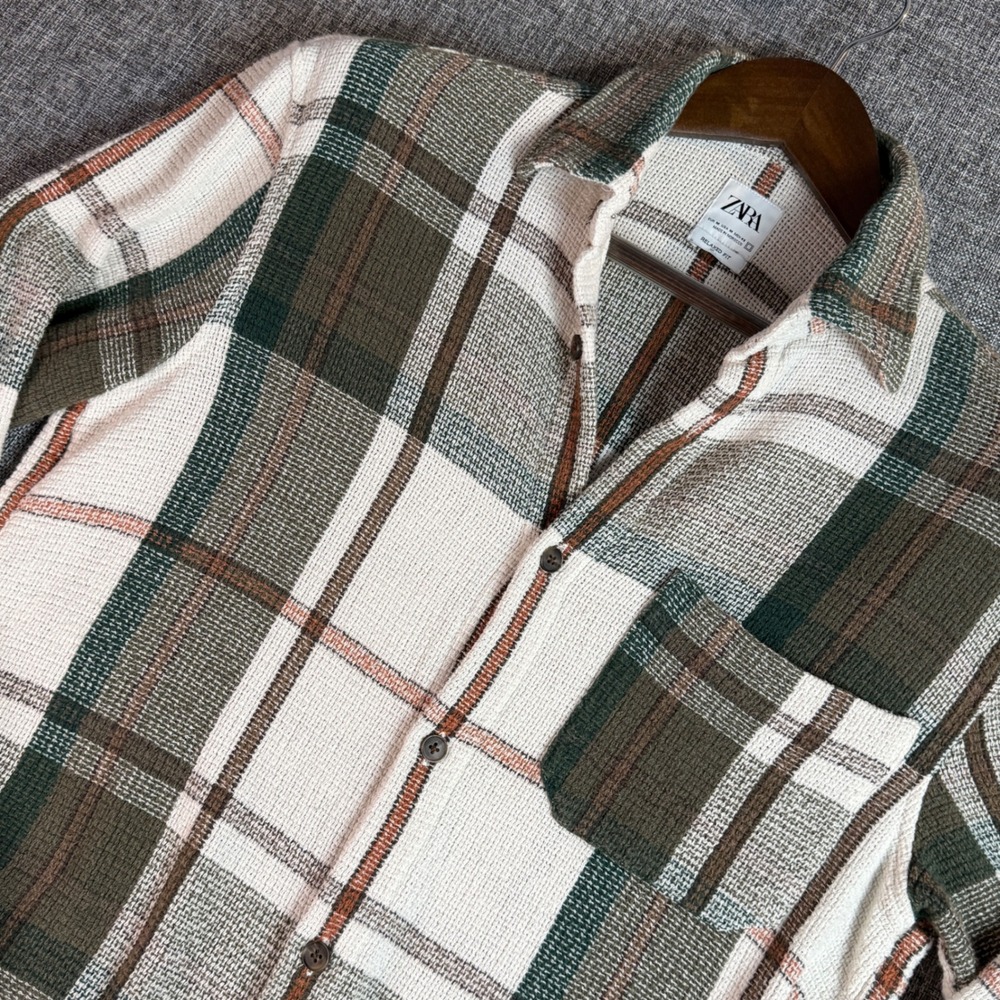 Women Whisky Pink Shirt | Size M | Green Cream Plaid Textured Long Sleeve Pocket